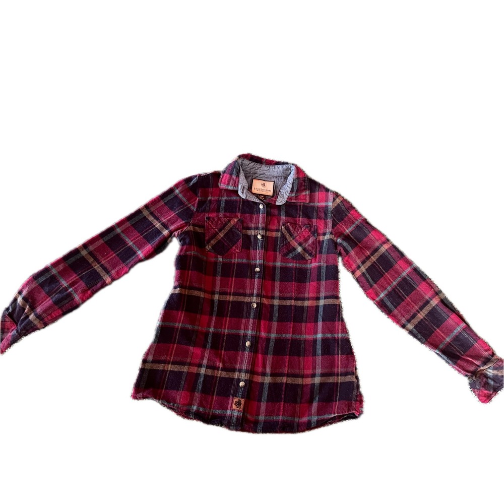 Women Small Flannel Shirt Burgundy Plaid Long Sleeve Button Up
